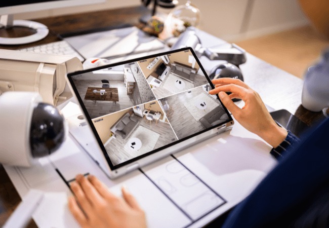 Monitoring home security system with surveillance camera feeds on a tablet.